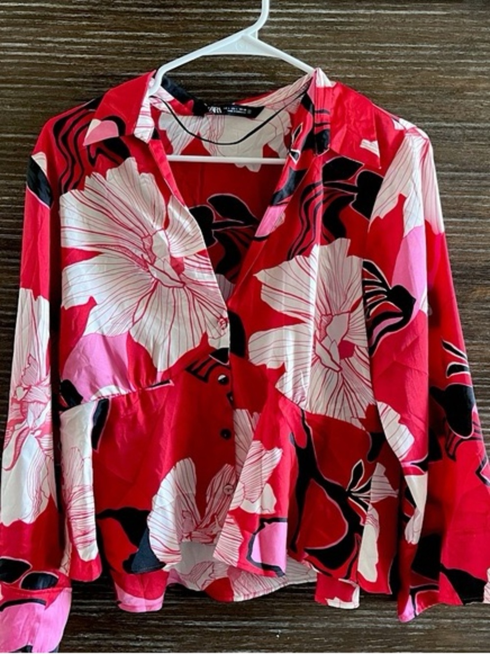 Zara Red Pink Black Floral Button-Front Women's Blouse